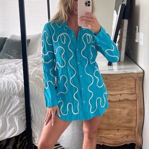 Myzen Western White Rope Detail Blue Button Front Shirt Dress‎